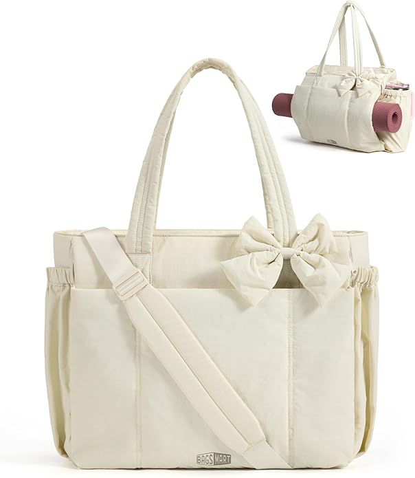 BAGAMSRT Crush Bow Tote Bag for Women, Large Work Tote with 40oz Tumbler, Puffer Travel Tote Bag for Work, Yoga, Gym | For Mom, Diaper, Large Capacity, Everyday Bag