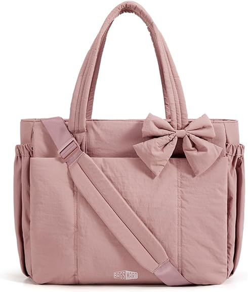 BAGAMSRT Crush Bow Tote Bag for Women, Large Work Tote with 40oz Tumbler, Puffer Travel Tote Bag for Work, Yoga, Gym | For Mom, Diaper, Large Capacity, Everyday Bag