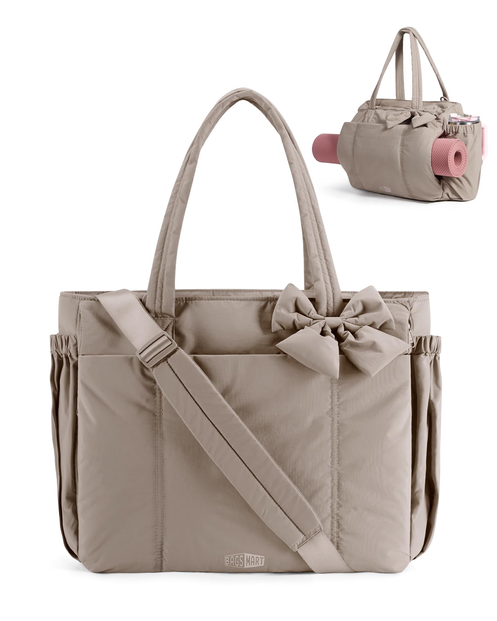 BAGAMSRT Crush Bow Tote Bag for Women, Large Work Tote with 40oz Tumbler, Puffer Travel Tote Bag for Work, Yoga, Gym | For Mom, Diaper, Large Capacity, Everyday Bag