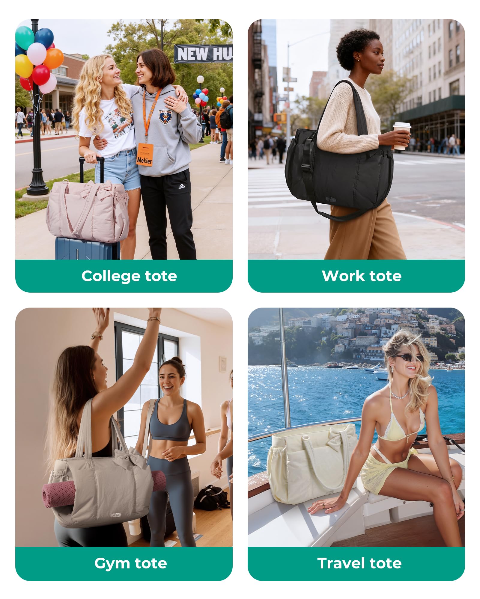 BAGAMSRT Crush Bow Tote Bag for Women, Large Work Tote with 40oz Tumbler, Puffer Travel Tote Bag for Work, Yoga, Gym | For Mom, Diaper, Large Capacity, Everyday Bag