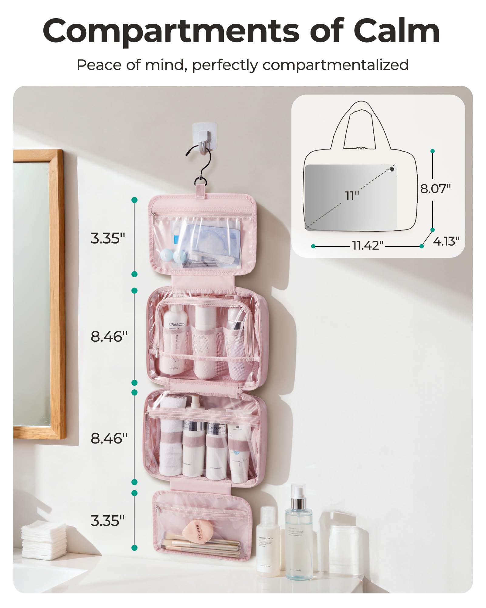 BAGSMART Hanging 360° Toiletry Bag - Lightweight, Puffy Dry/Wet Pockets, Adjustable 2/3 Sections, Multi-Functional Travel Makeup Organizer OutdoorFun