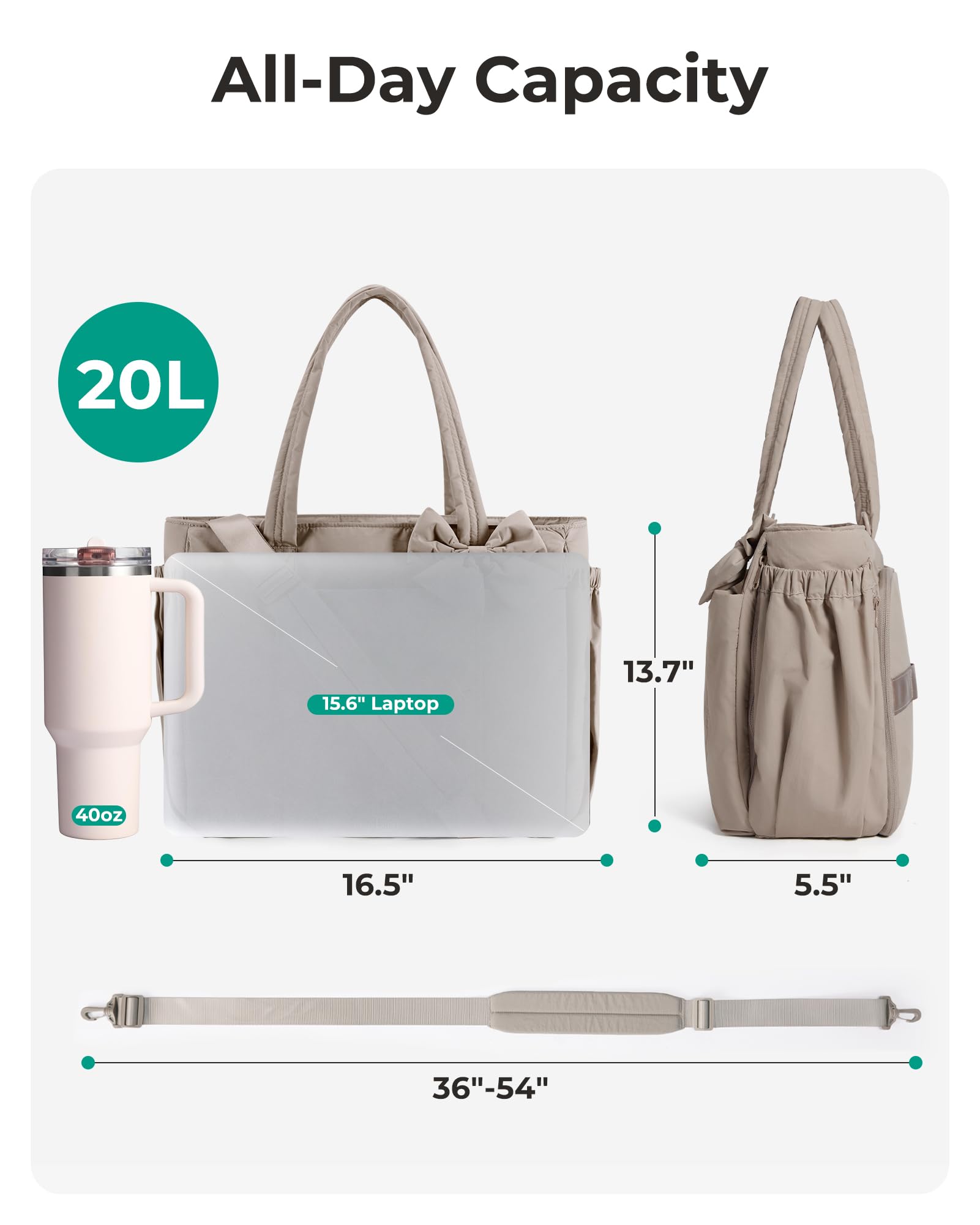 BAGAMSRT Crush Bow Tote Bag for Women, Large Work Tote with 40oz Tumbler, Puffer Travel Tote Bag for Work, Yoga, Gym | For Mom, Diaper, Large Capacity, Everyday Bag