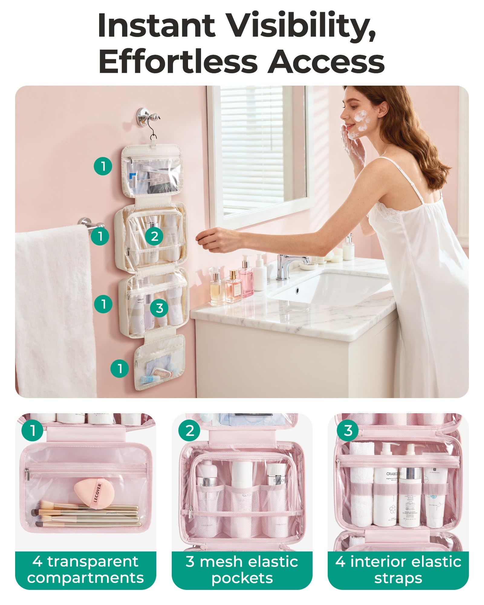 BAGSMART Hanging 360° Toiletry Bag - Lightweight, Puffy Dry/Wet Pockets, Adjustable 2/3 Sections, Multi-Functional Travel Makeup Organizer OutdoorFun